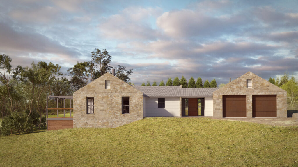 Southern Highlands homestead - 3D render of a timber and stone facade on a hillside in Burradoo NSW