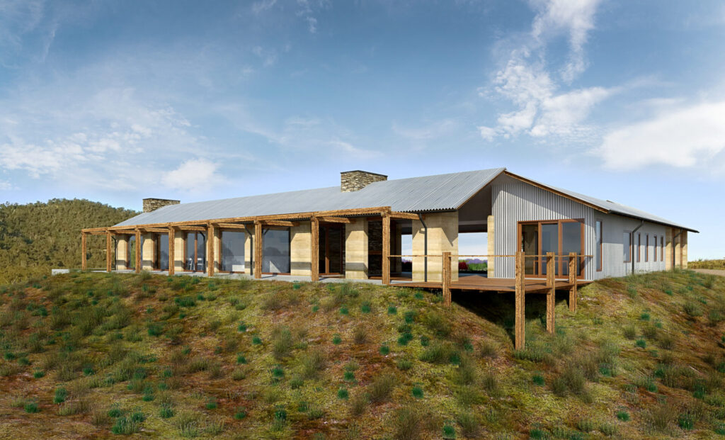 3D Render of an Australian homestead that takes architectural cues from traditional rural farmhouse style with corrugated iron, timber and rammed earth