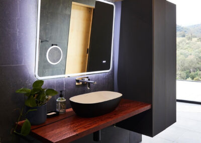 Vanity sink for bathroom with storage cupboards. As always, bush view in the background.