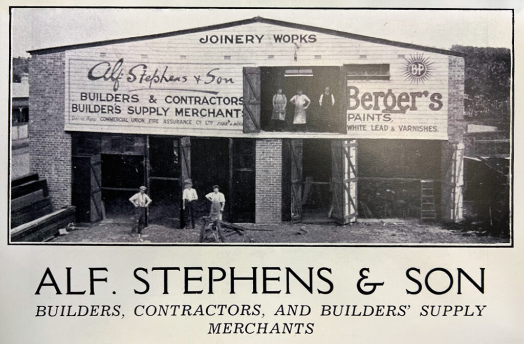 Historic advertisement for Alf Stevens and Sons showing the team at their Bowral workshop. Text underneath: Builders, Contractors and Builders Supply Merchants