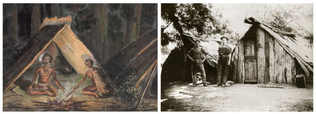 Two side-by-side images showing bark houses. One is a painting from an early colonist and the other is a photograph from the 1930's in Berrima. The structures look identical.