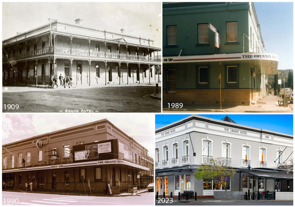Grand Hotel in Bowral over the years. The impressive double-height veranda from when it was originally built was gone by midcentury.