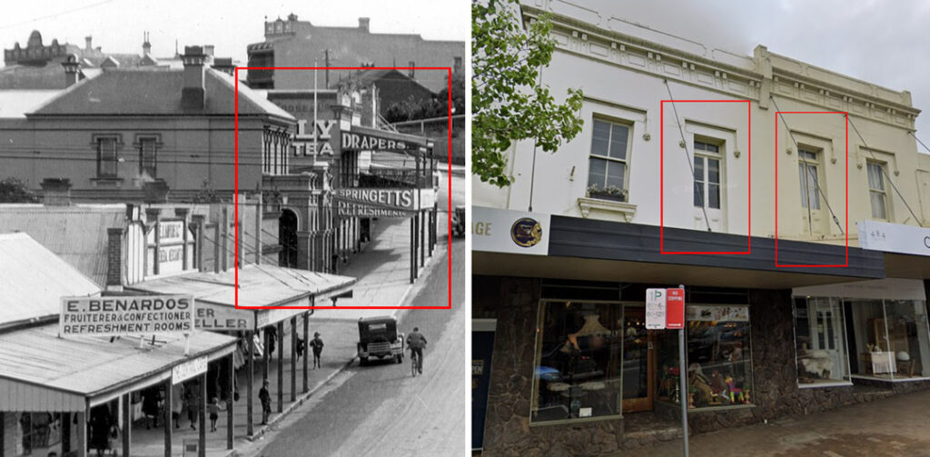 Before and After modernisation in Moss Vale - victorian verandas have been stripped from all the shopfronts along Argyle Street.